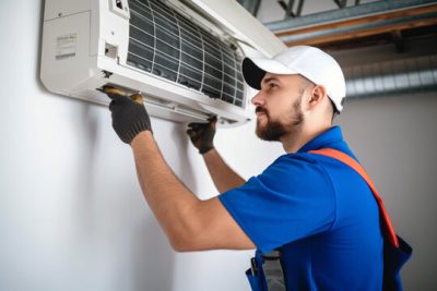 HVAC technician installing a mini split air conditioner in Galt