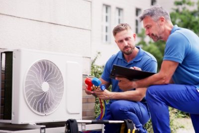 HVAC technicians installing an outdoor air conditioning unit in Galt
